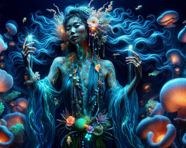 Mystical Underwater Scene with Bioluminescent Elements