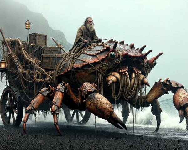 Giant Crab Cart on Misty Shore with Adventurous Figure