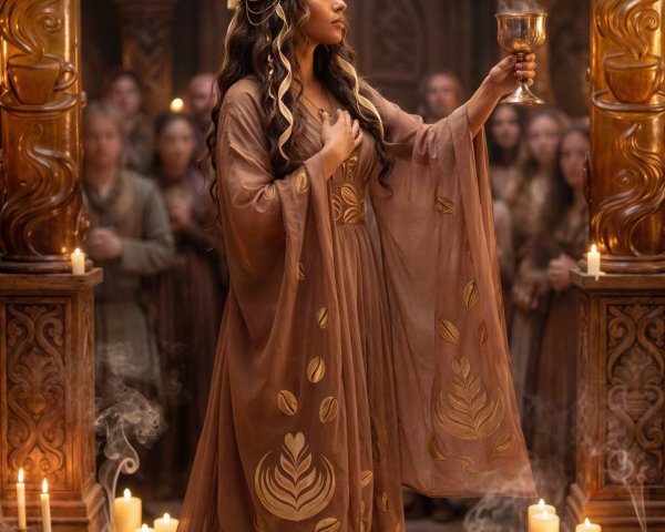 Regal Coffee Priestess in Elegant Sanctuary Setting