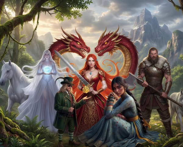 Vibrant Fantasy Scene with Mythical Characters and Creatures