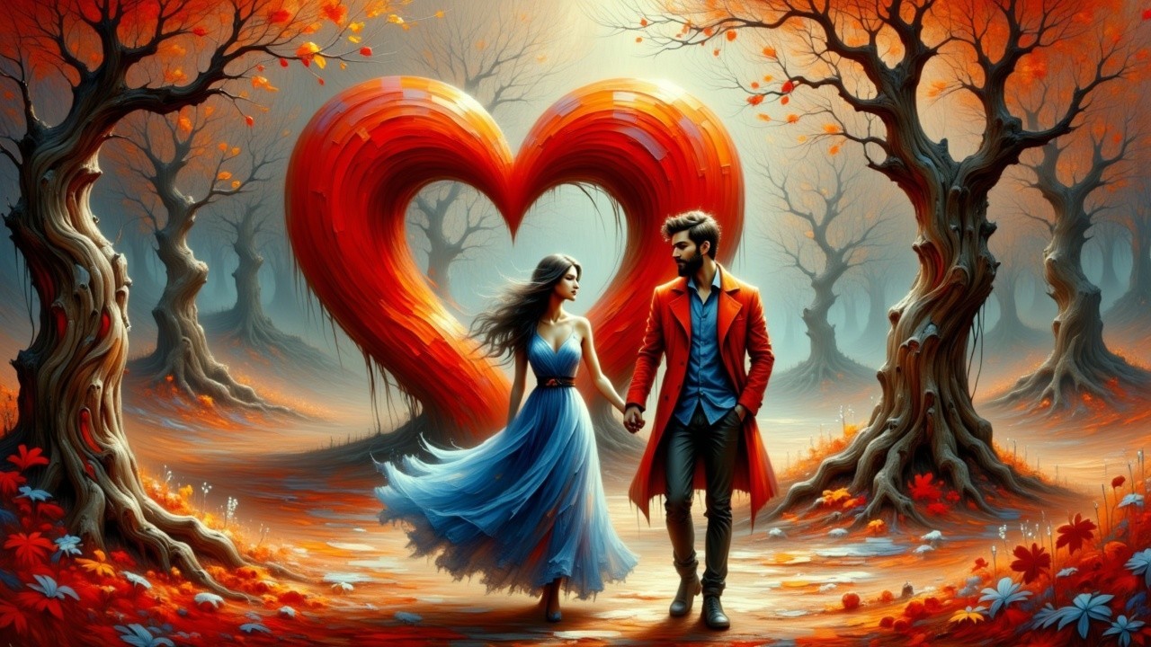 Romantic Couple in Mystical Autumn Forest Setting