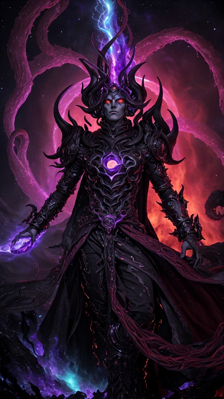 Cosmic Figure in Dark Armor with Energetic Aura
