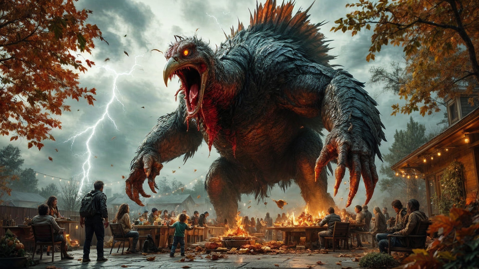 Giant Creature Overlooks Bonfire Gathering in Forest