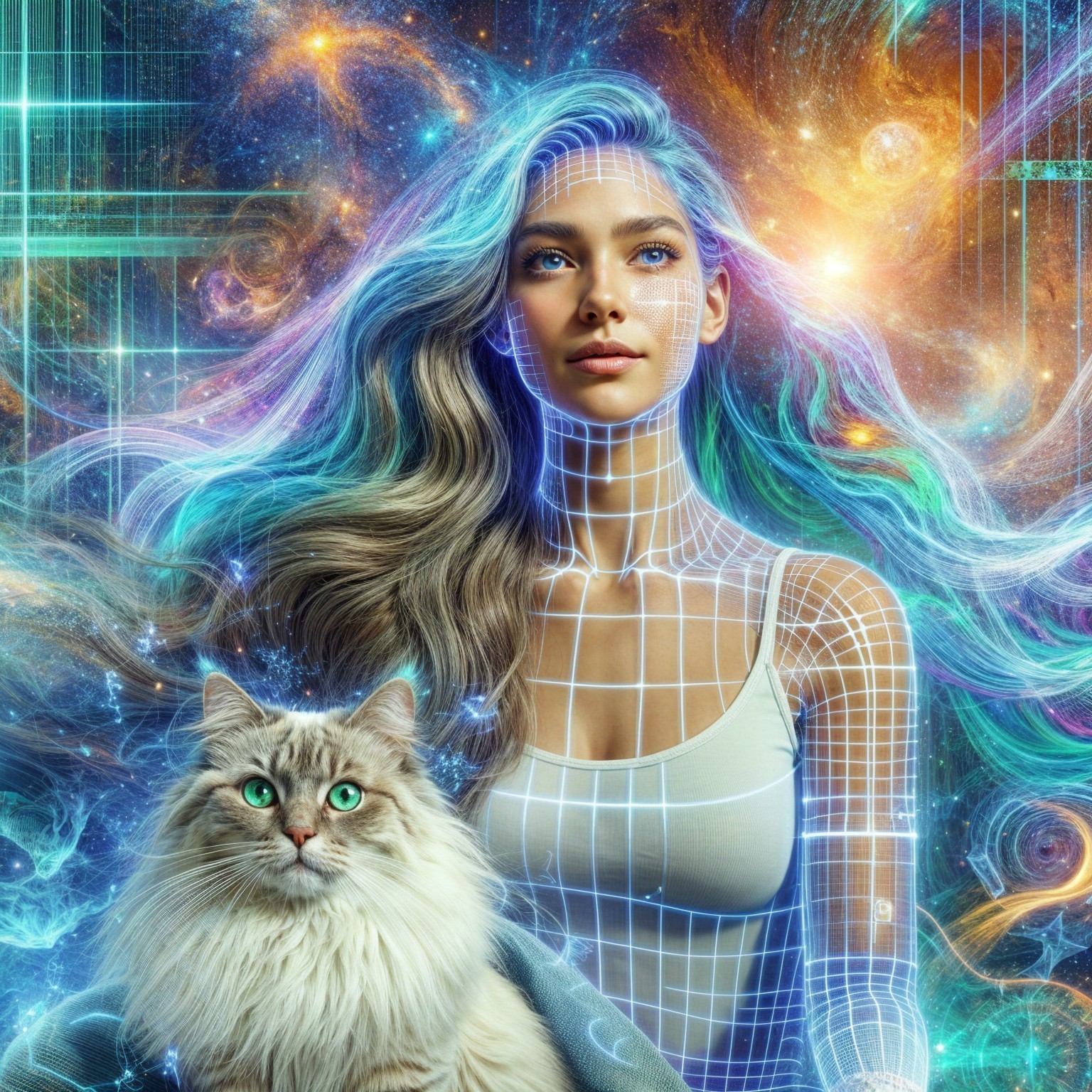 Serene Woman with Holographic Hair and Cat in Space