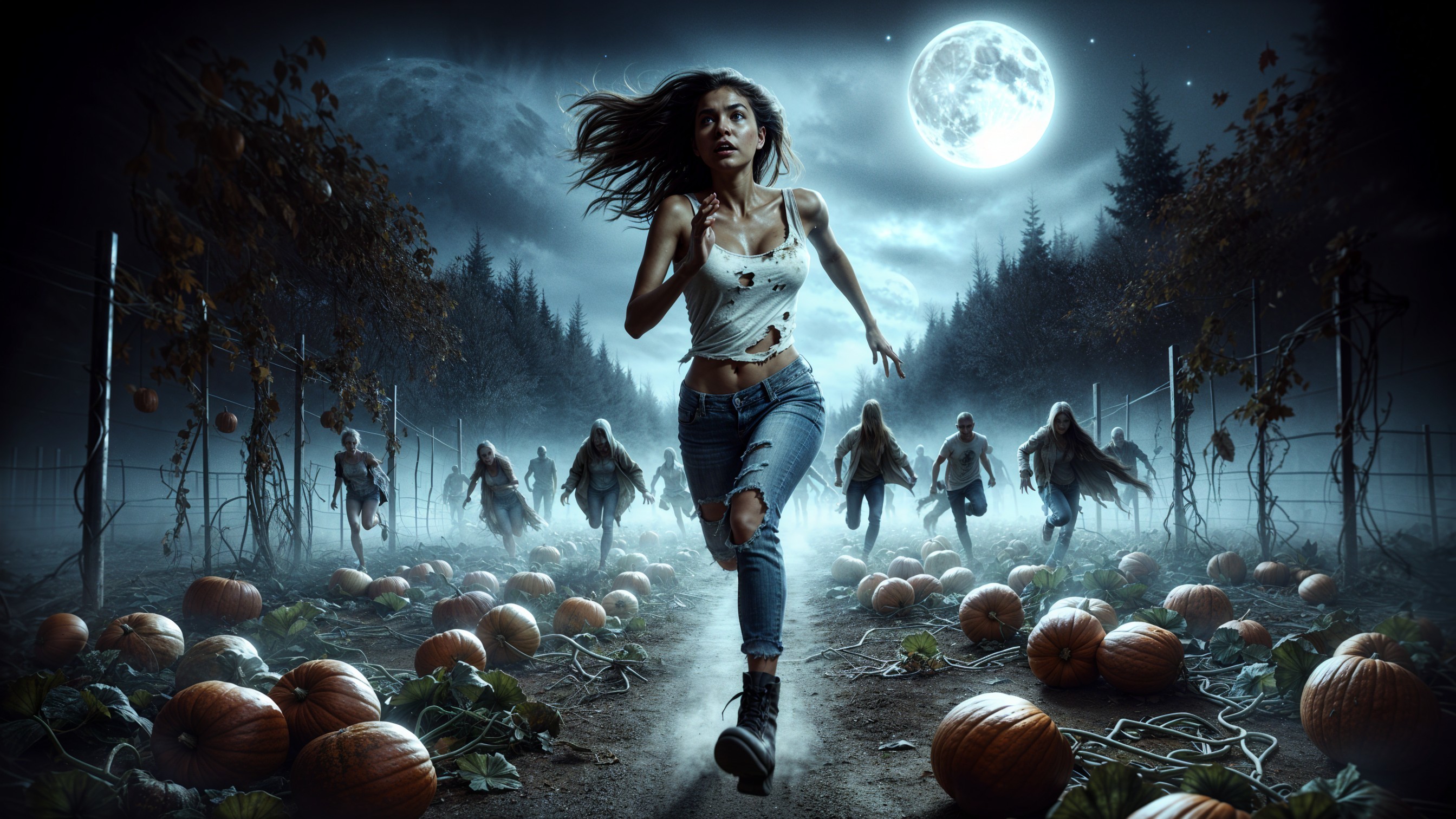 Woman Running Through Pumpkin Patch Under Full Moon