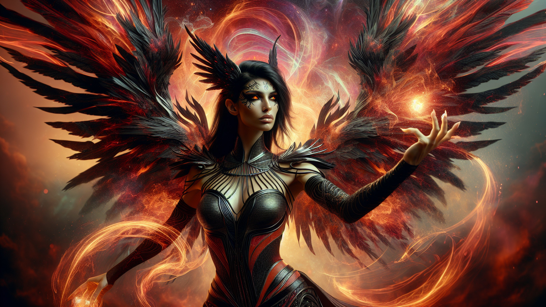 Celestial Warrior in Fiery Armor with Dark Wings