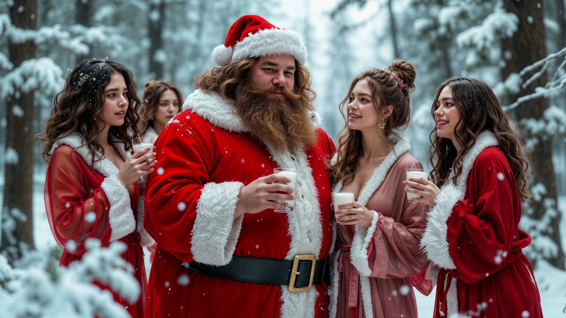 Santa Claus in a snowy forest with festive women