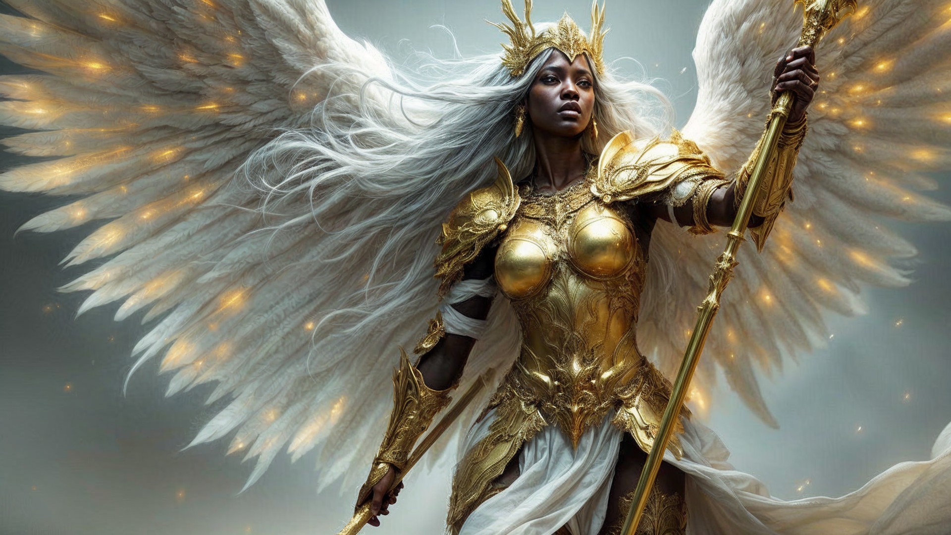 Majestic figure in gold armor with ethereal wings