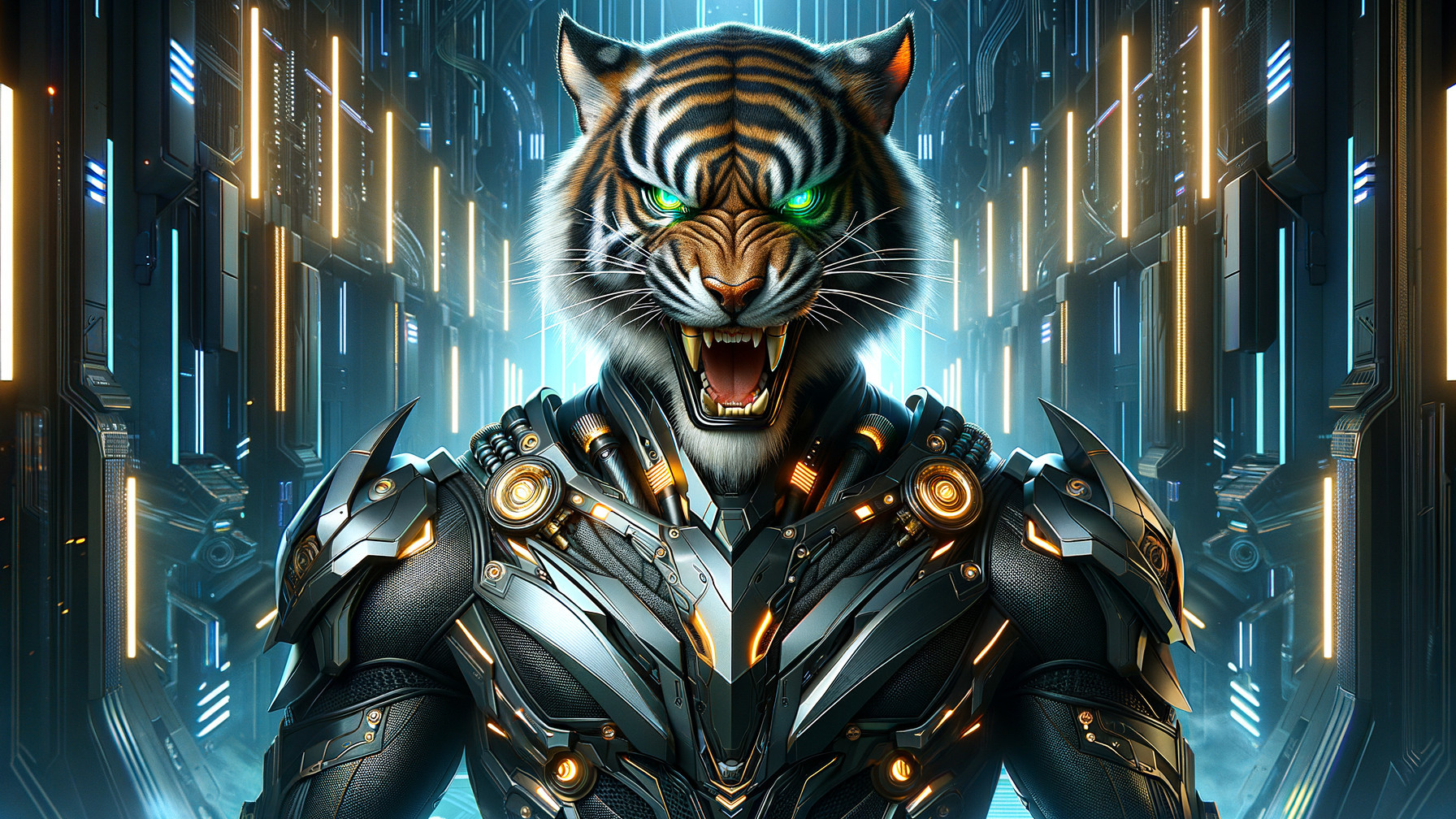 Armored Tiger Humanoid in Futuristic Setting