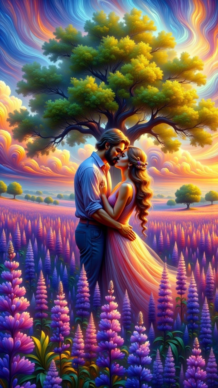 Romantic Embrace in a Colorful Lupine Field