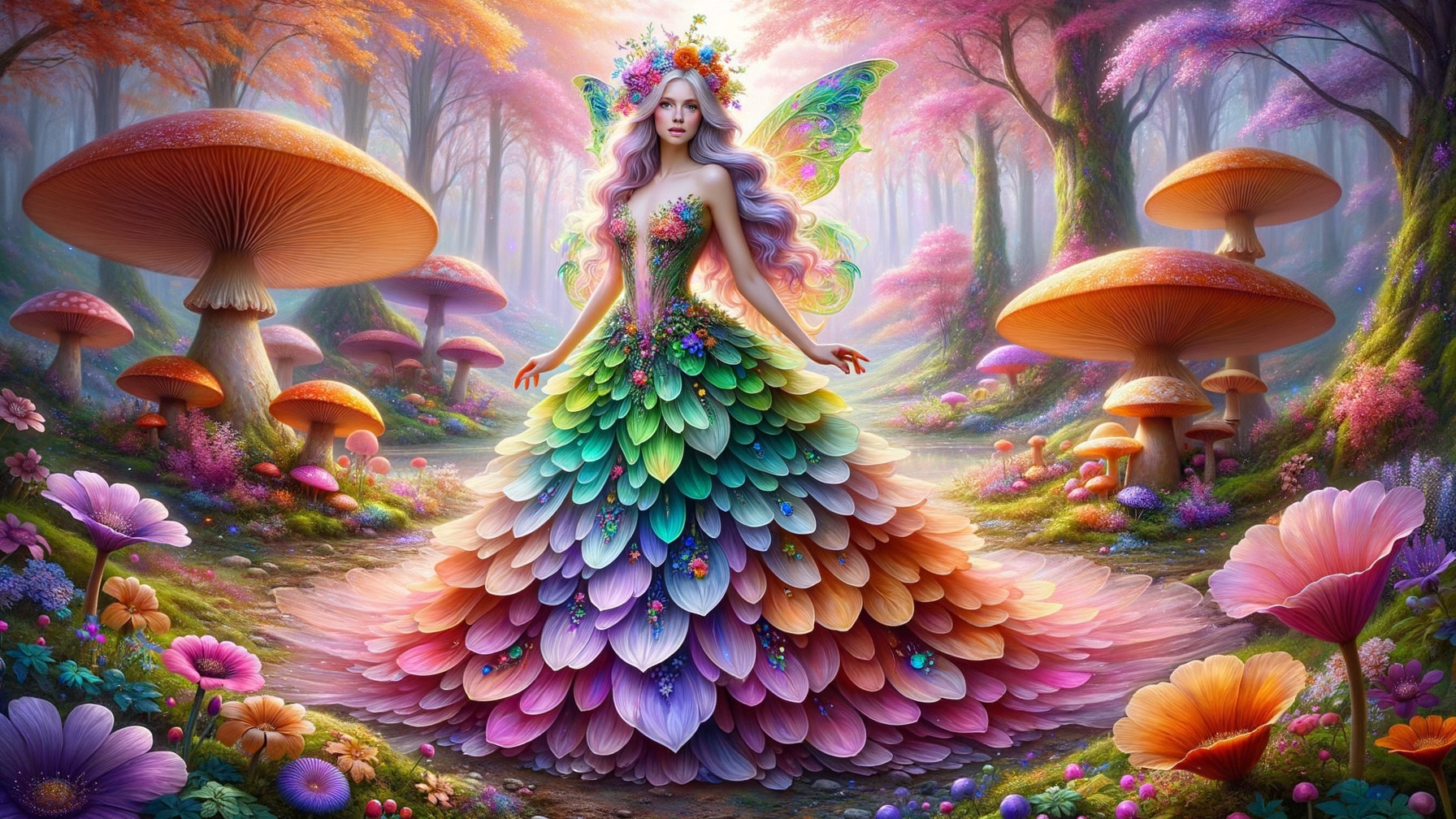 Fairy in Whimsical Forest Surrounded by Colorful Flora