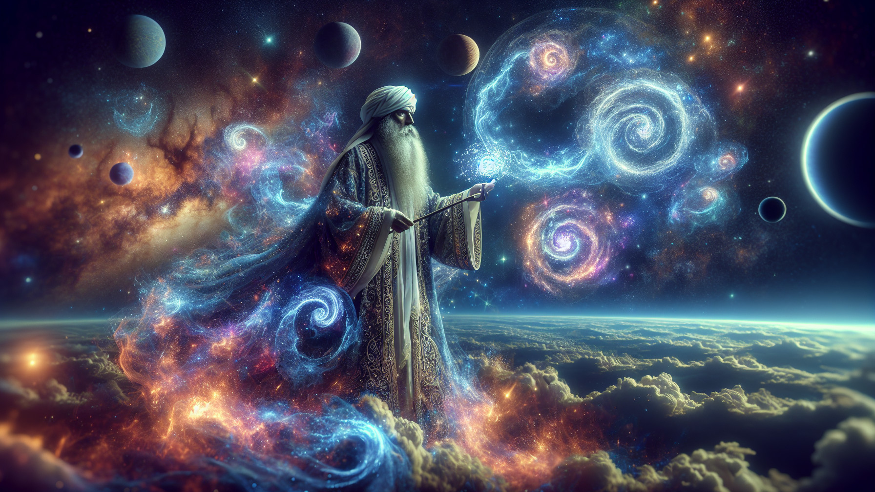 Mystical Figure in Cosmic Landscape with Galaxies