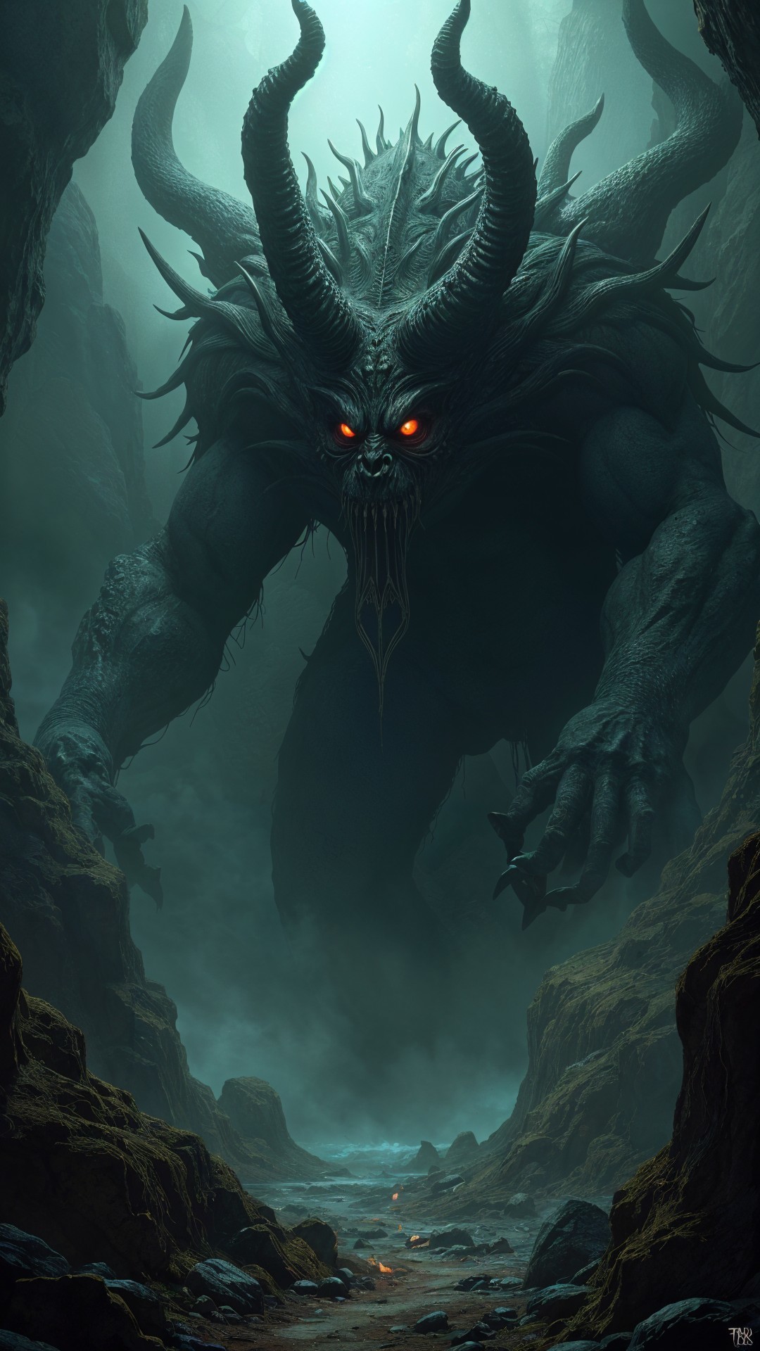 Colossal Demonic Creature in Dark Misty Cavern