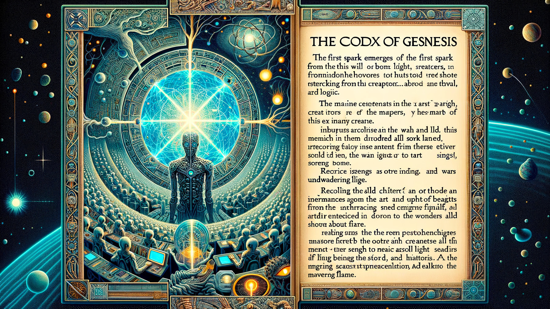 Cosmic Scene with Radiant Figure and Awe-Inspired Crowd