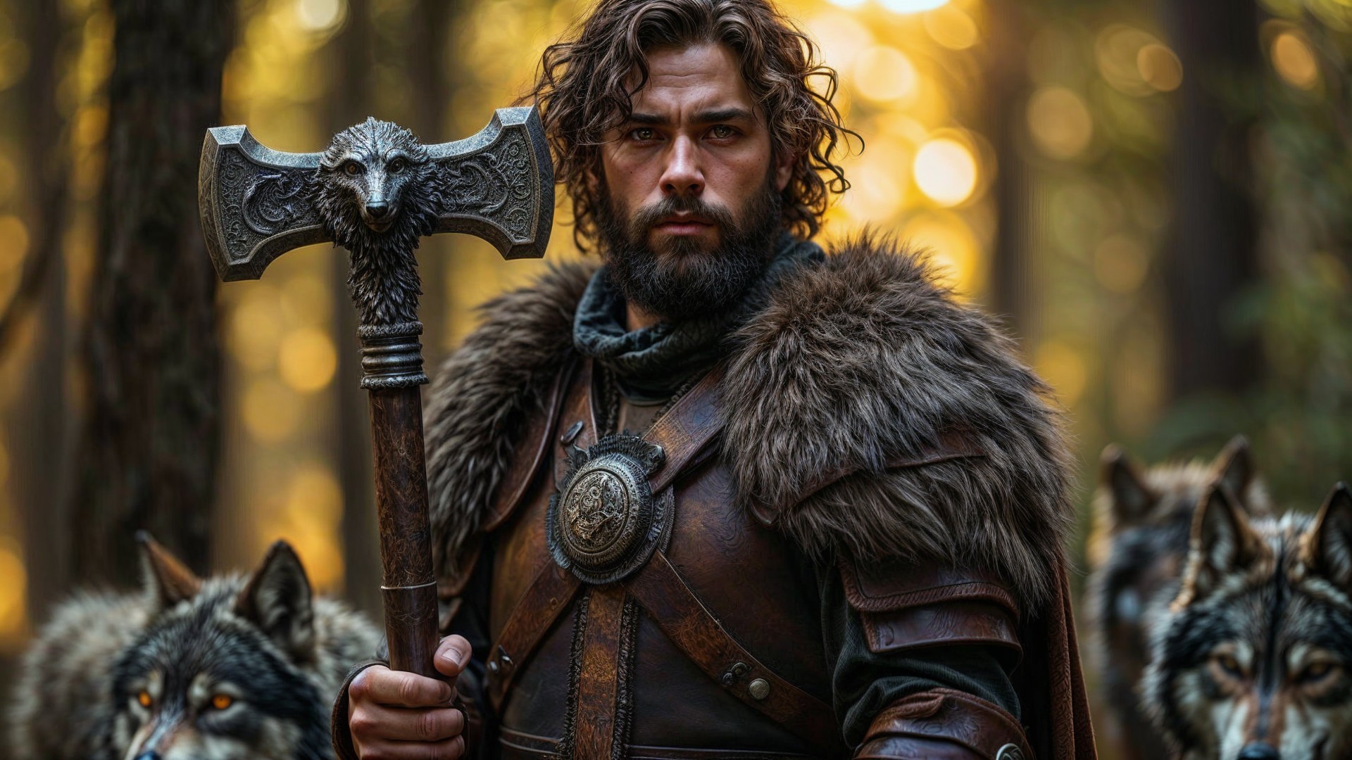 Rugged warrior in forest with wolves and axe