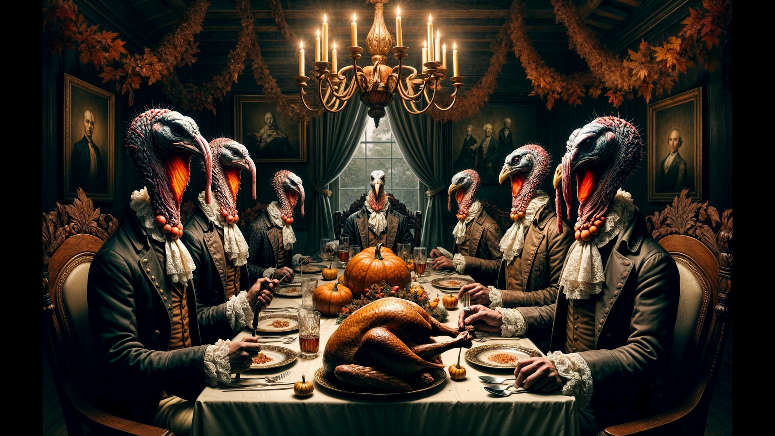 Surreal Dining Room with Turkey-Headed Figures