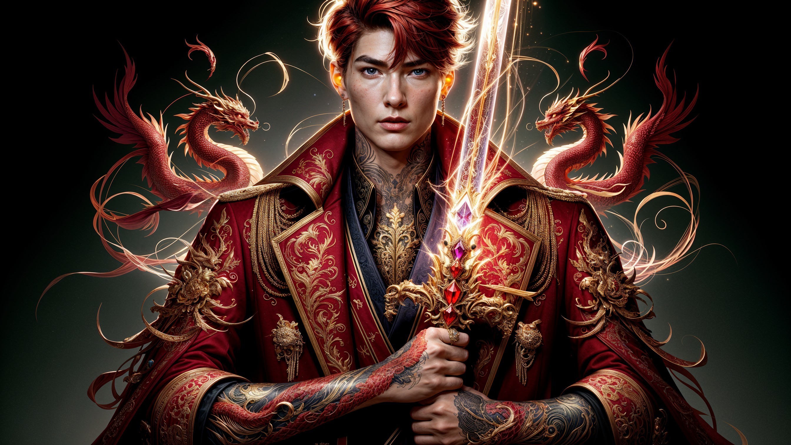 Fierce warrior in ornate robe with glowing sword and dragons