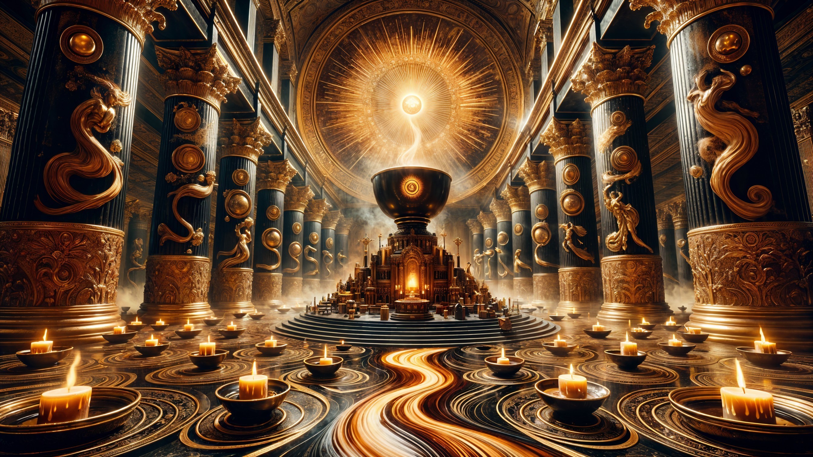 Ornate hall with golden accents and radiant chalice