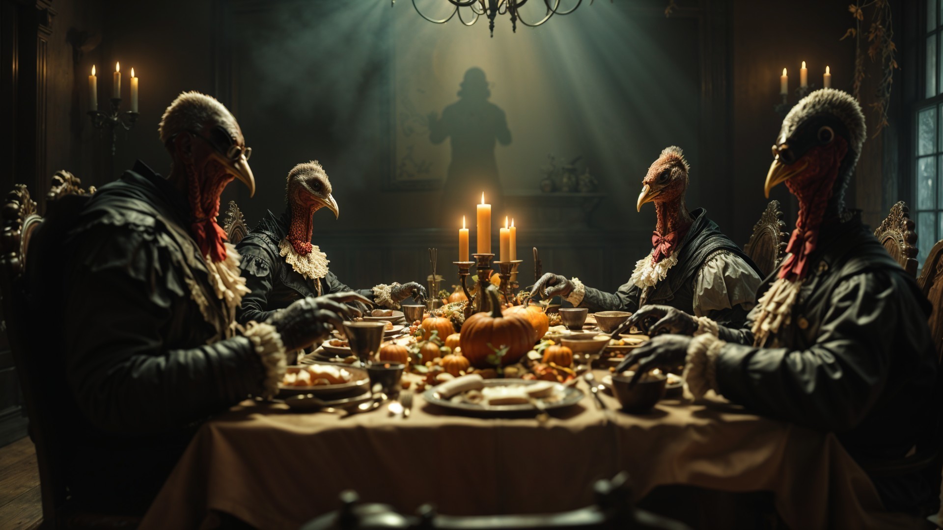 Anthropomorphic Turkeys in Victorian Attire at Dinner Table