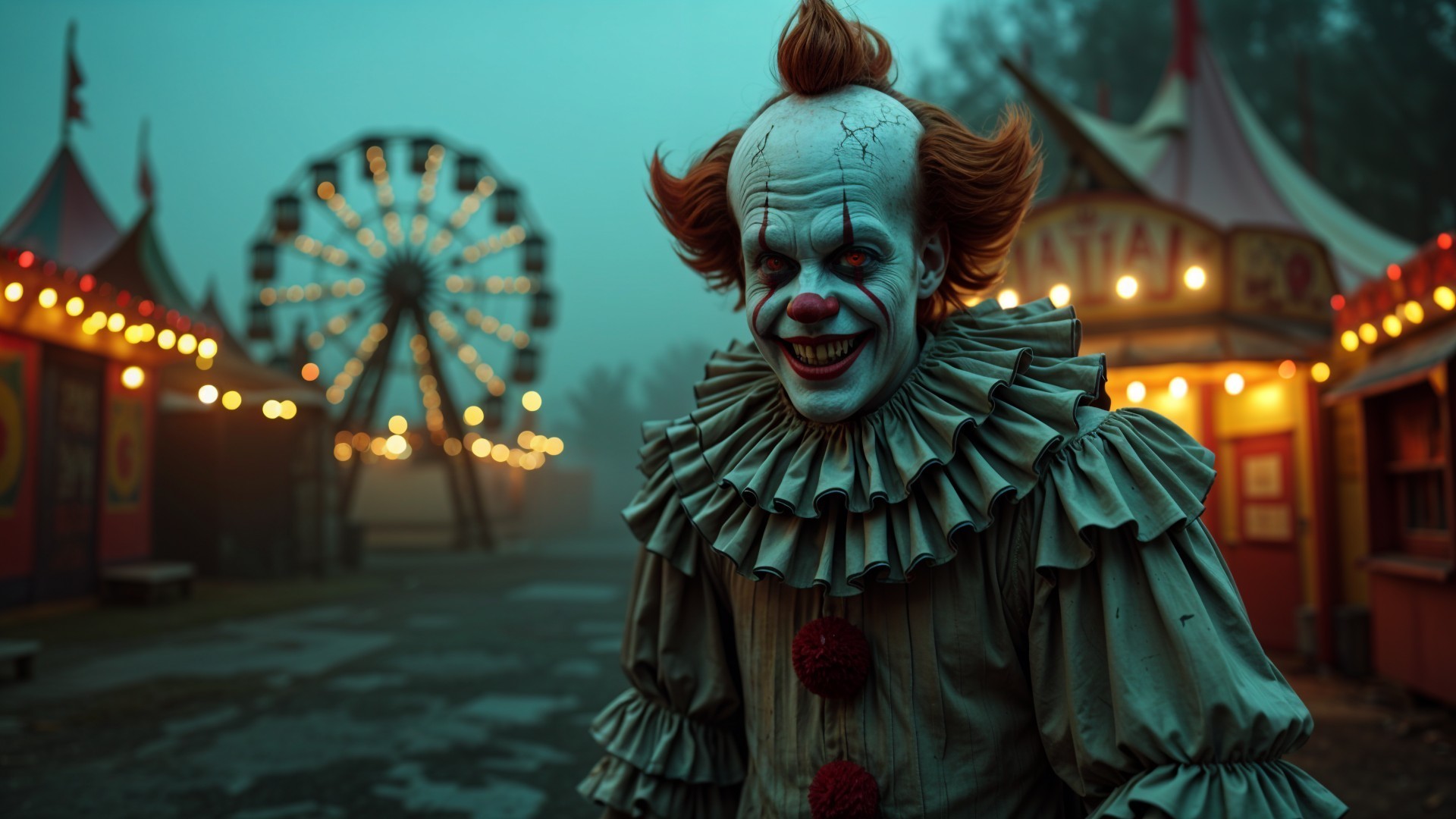 Sinister Clown in Foggy Carnival with Ferris Wheel