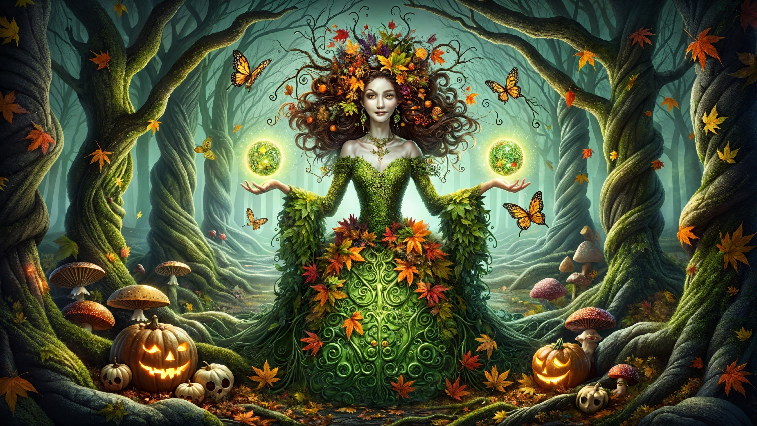 Mystical figure in a lush forest with glowing orbs
