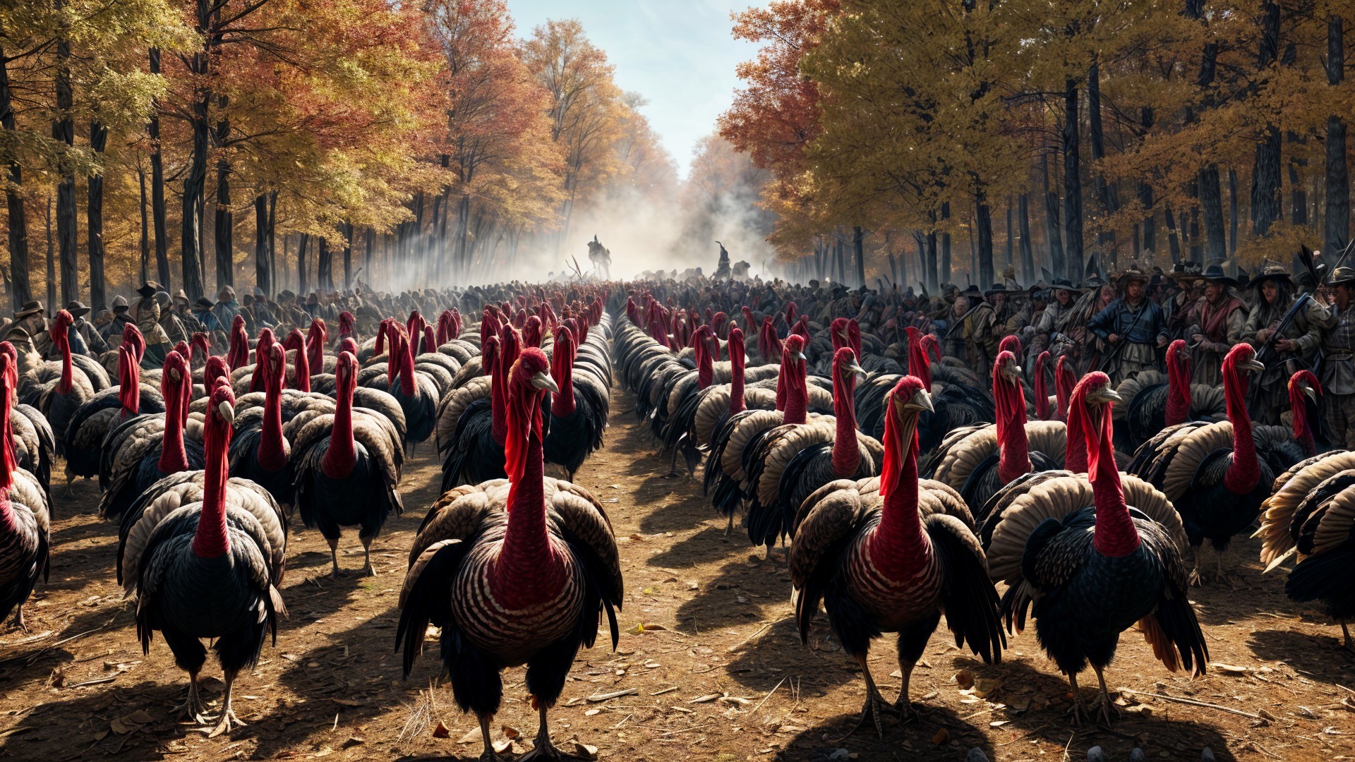 Flock of Turkeys on Autumn Forest Path with Observers