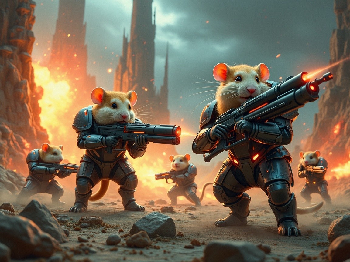 Armored Hamsters in Fiery Landscape Ready for Battle