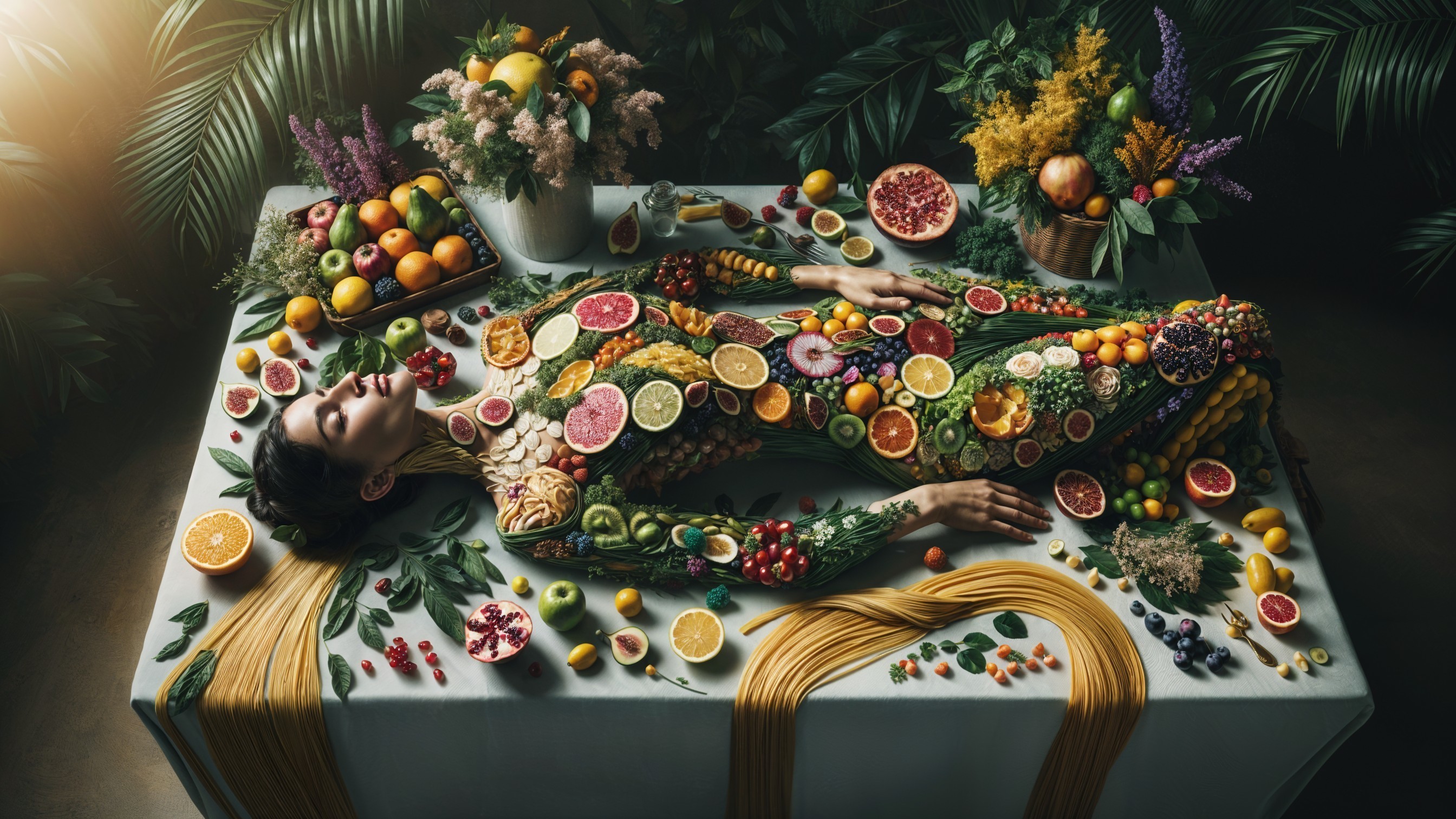 Serene Figure Surrounded by Vibrant Fruits and Vegetables