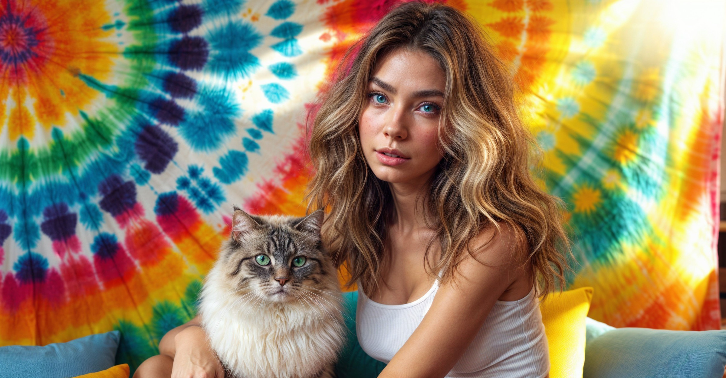 Young Woman with Cat Against Colorful Tie-Dye Background