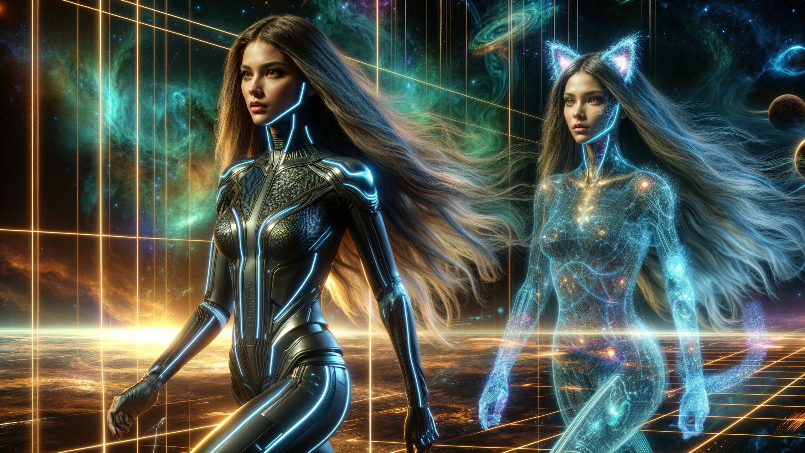 Futuristic Figures in a Cosmic Sci-Fi Landscape