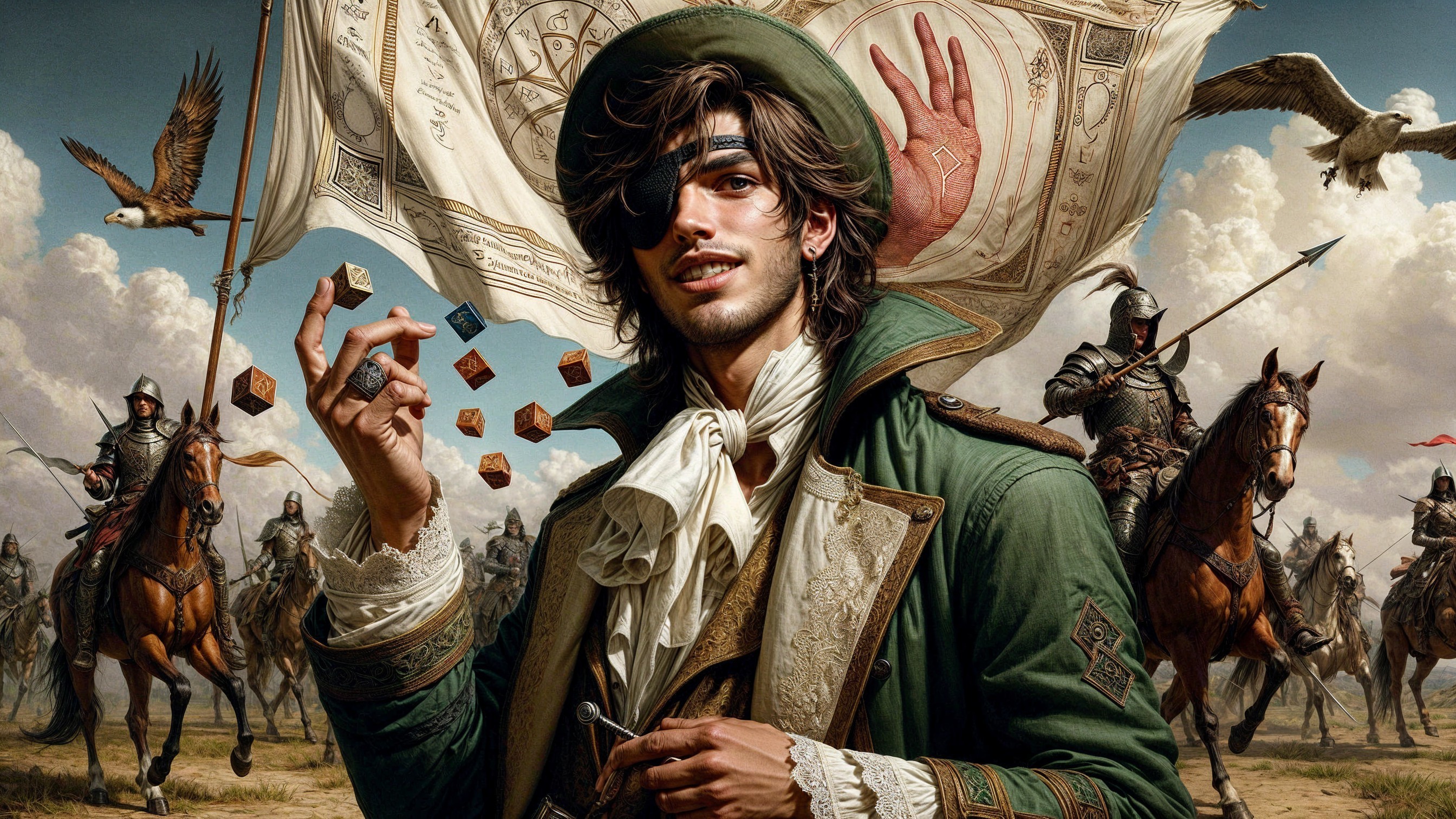 Young man in green coat with colorful dice in fantasy scene