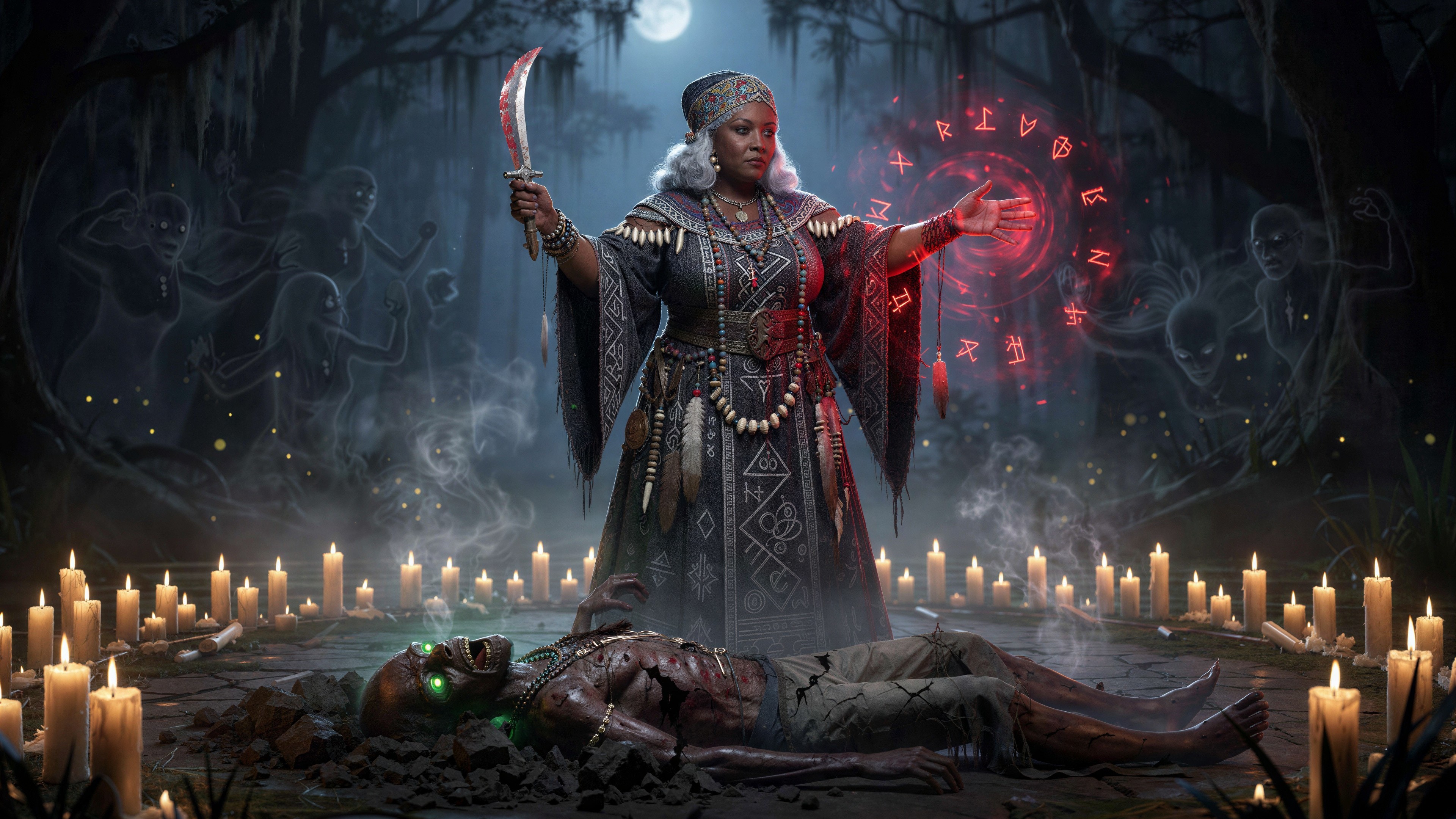 Witch Doctor Conjuring Magic in Dark Swamp Setting