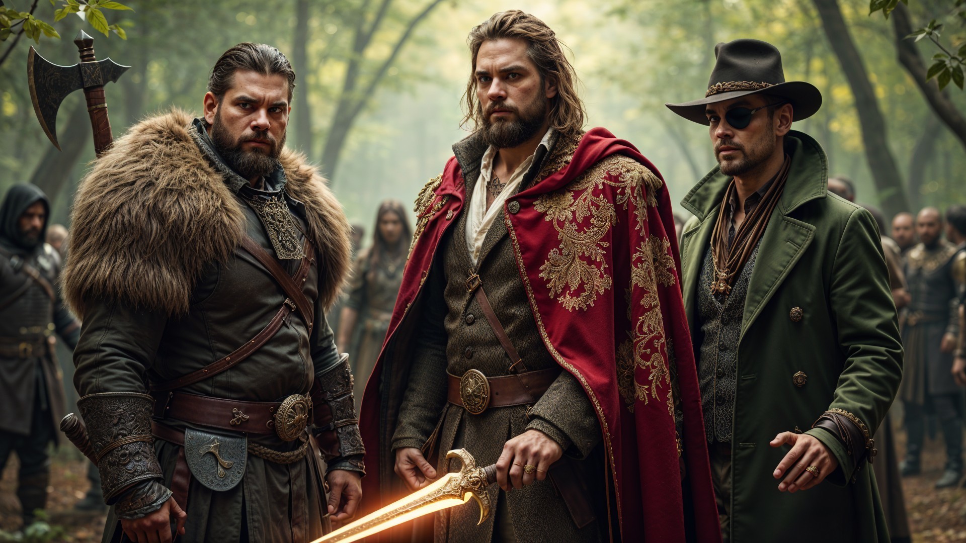 Three Warriors in a Misty Forest Setting