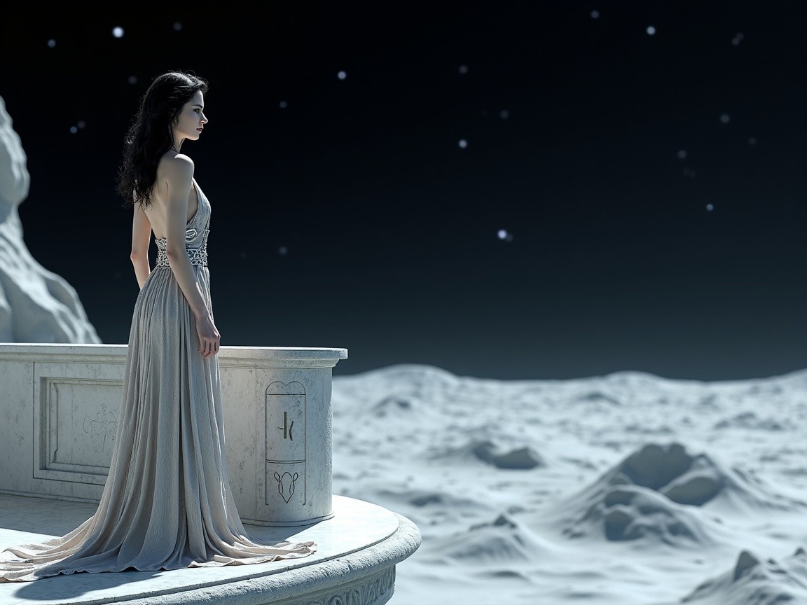 Woman in Silver Gown on Ethereal Lunar Landscape