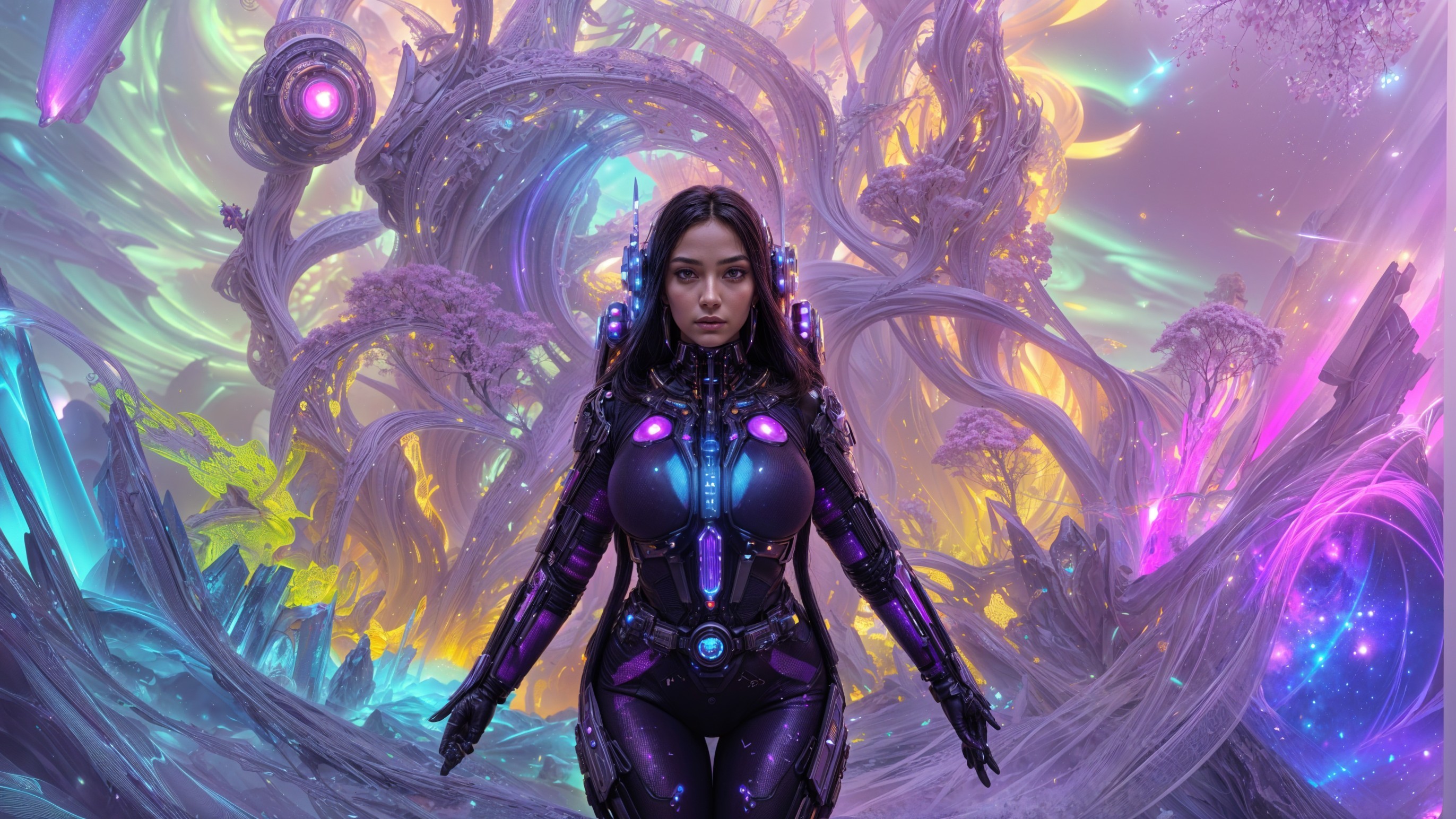 Futuristic female figure in high-tech armor with cosmic landscape