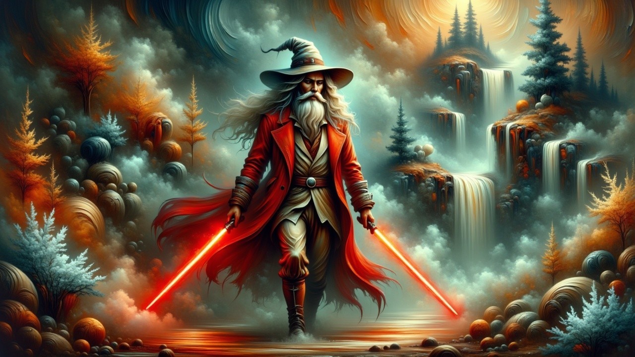 Mystical Landscape with a Wizard and Glowing Lightsabers