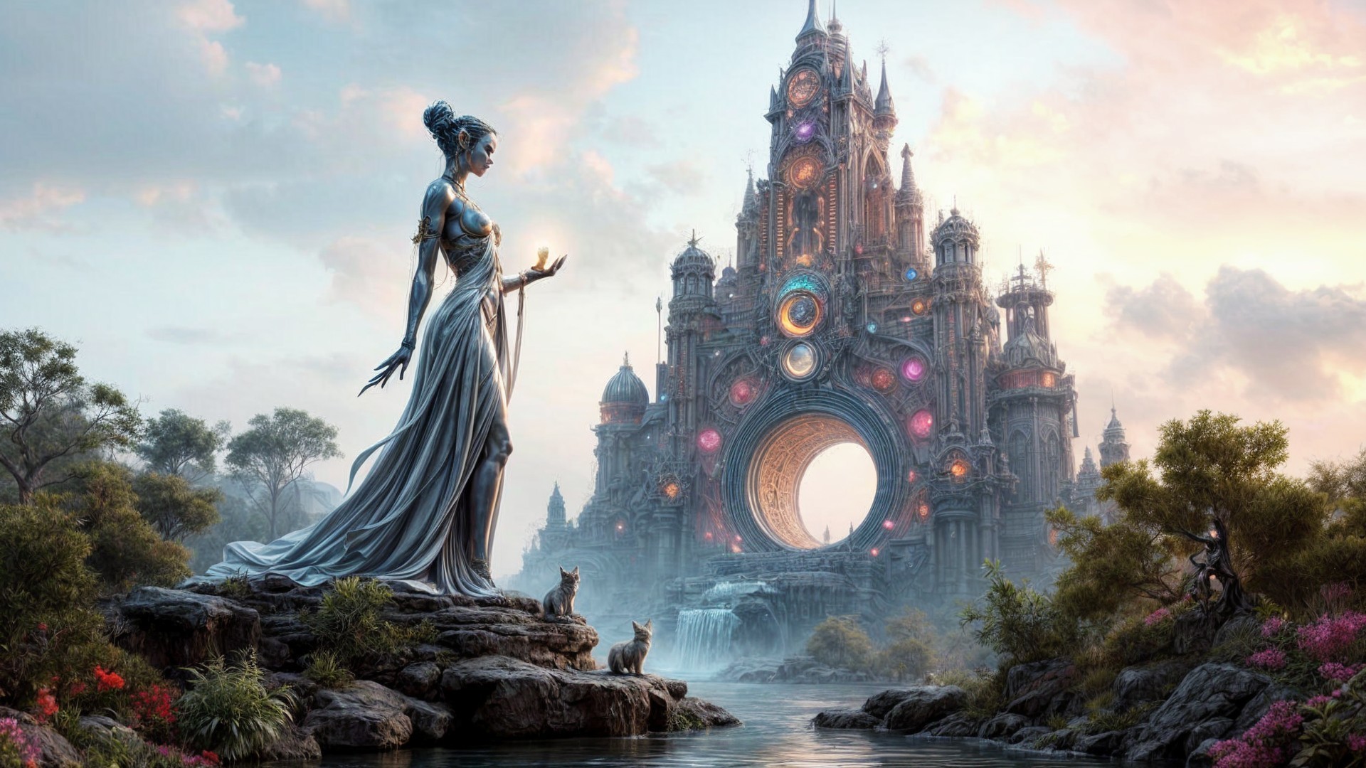 Majestic figure by tranquil water with castle backdrop