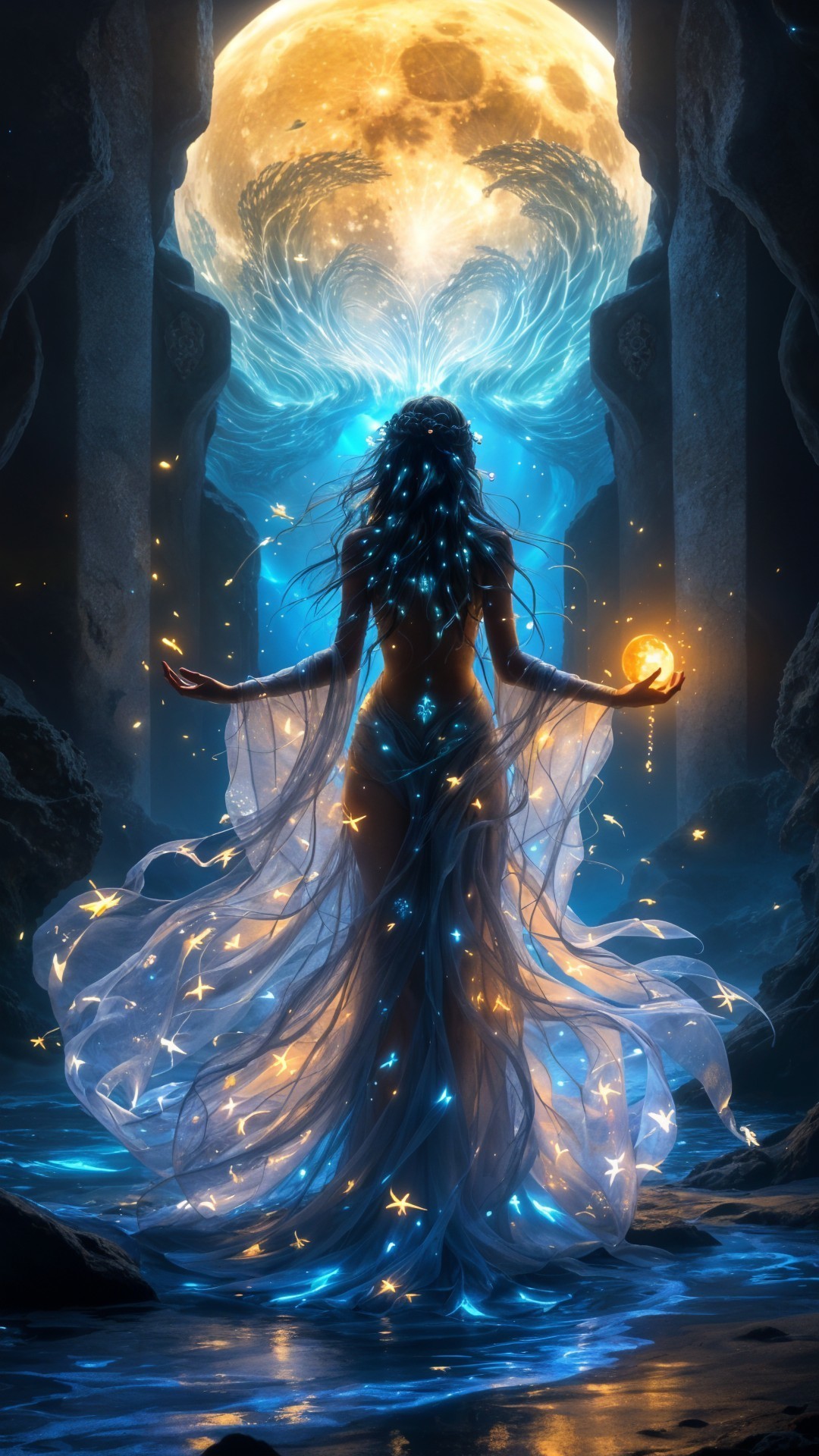 Mystical Scene with Figure Under Full Moonlight