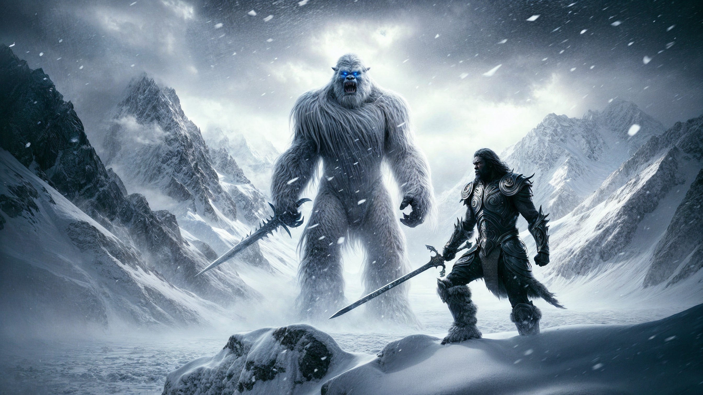 Yeti and Warrior Confrontation in Snowy Landscape