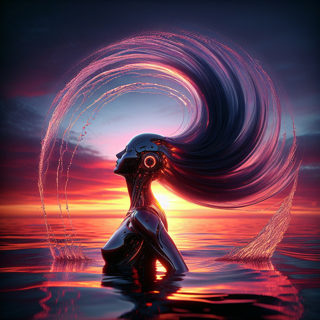Futuristic Robotic Figure Emerging from Water at Sunset