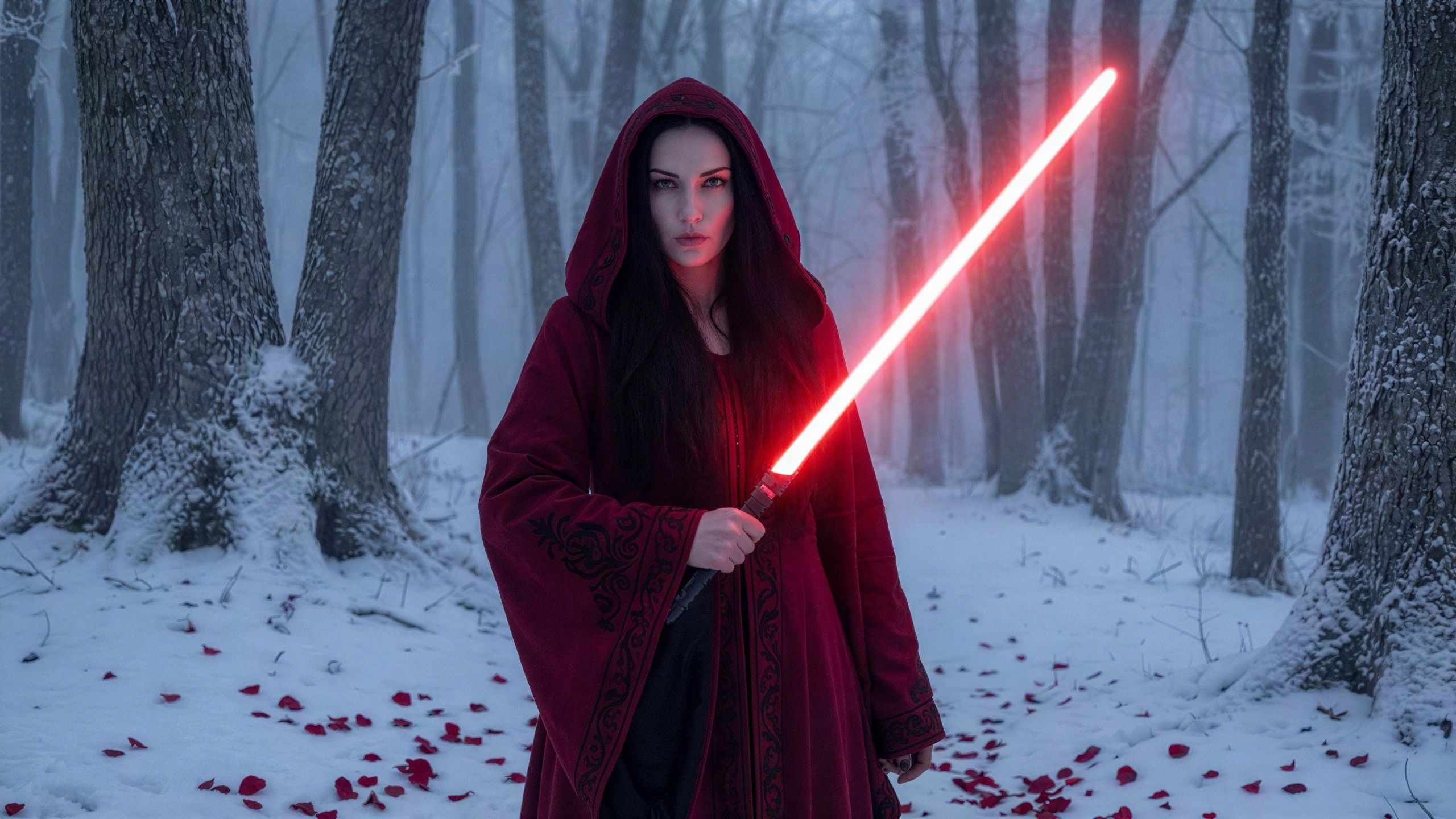 Female Sith Lord in Dark Red Coat in Snowy Forest