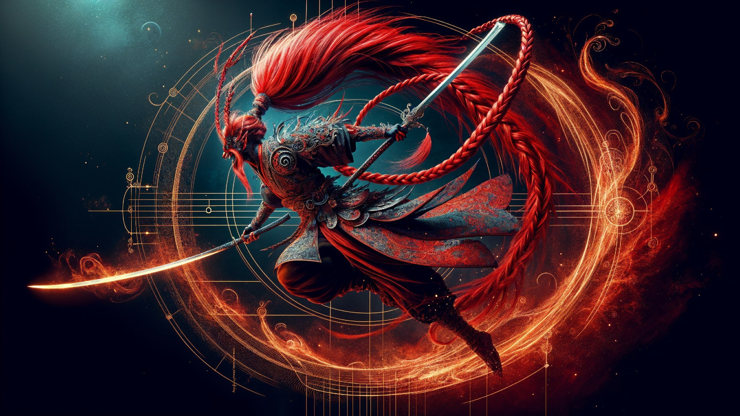 Dynamic warrior figure in ornate armor with sword