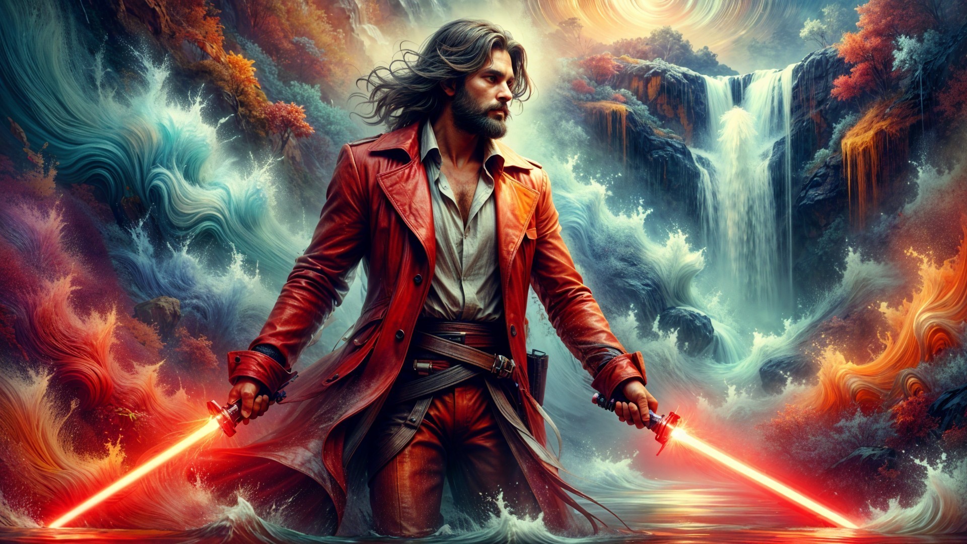Heroic Figure in Vibrant Fantasy Landscape with Swords