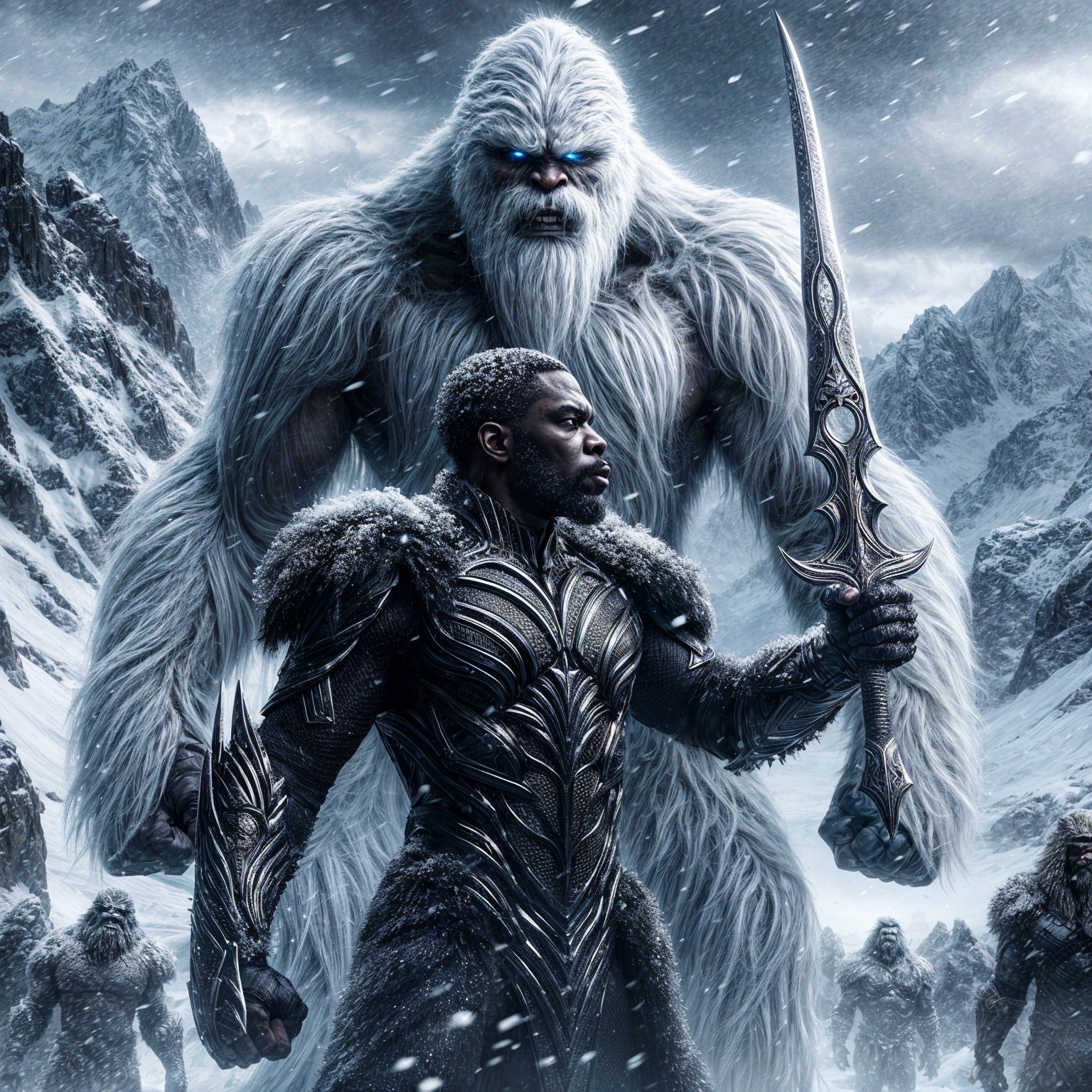 Warrior in Black Armor Faces Massive Yeti in Snowy Landscape