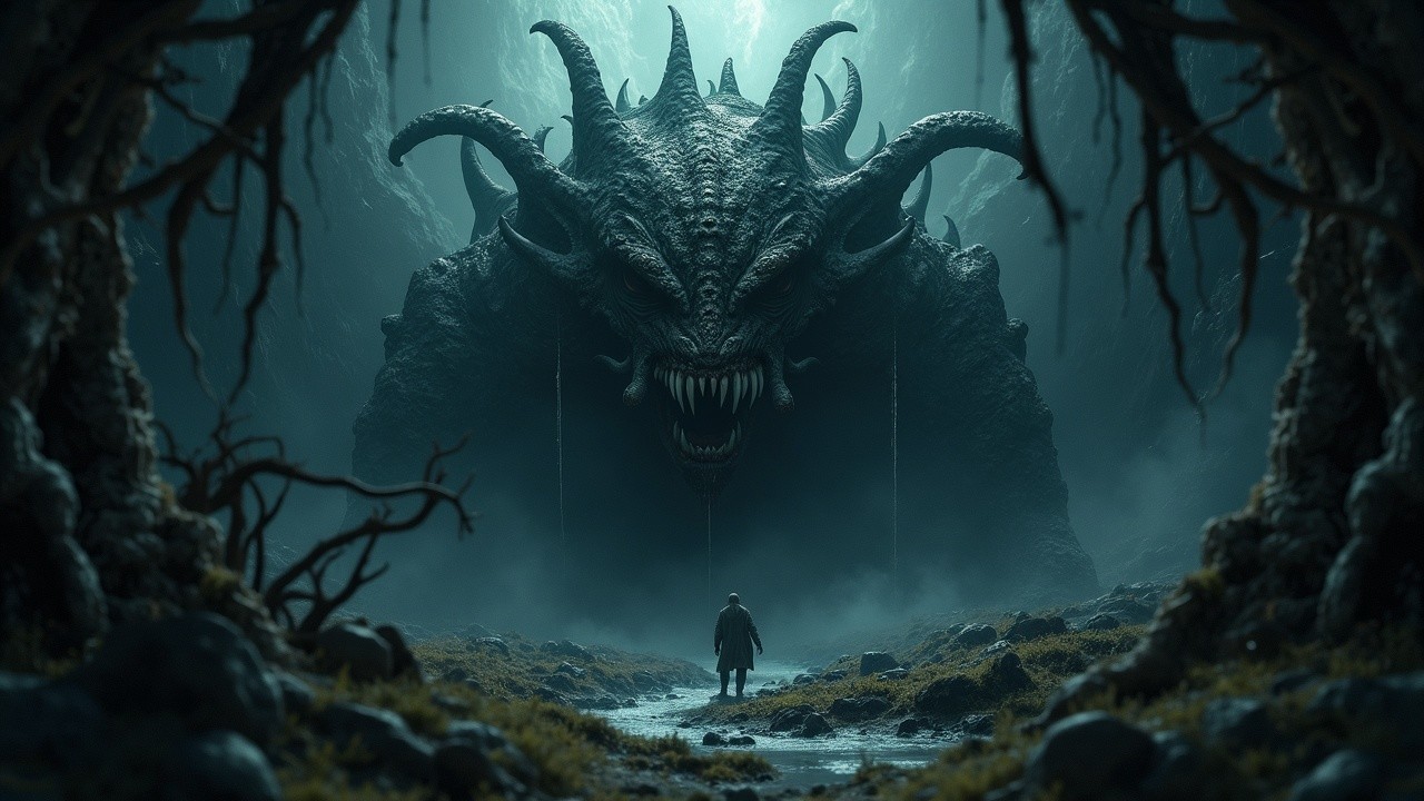 Colossal Horned Creature in Dark Eerie Cavern Scene