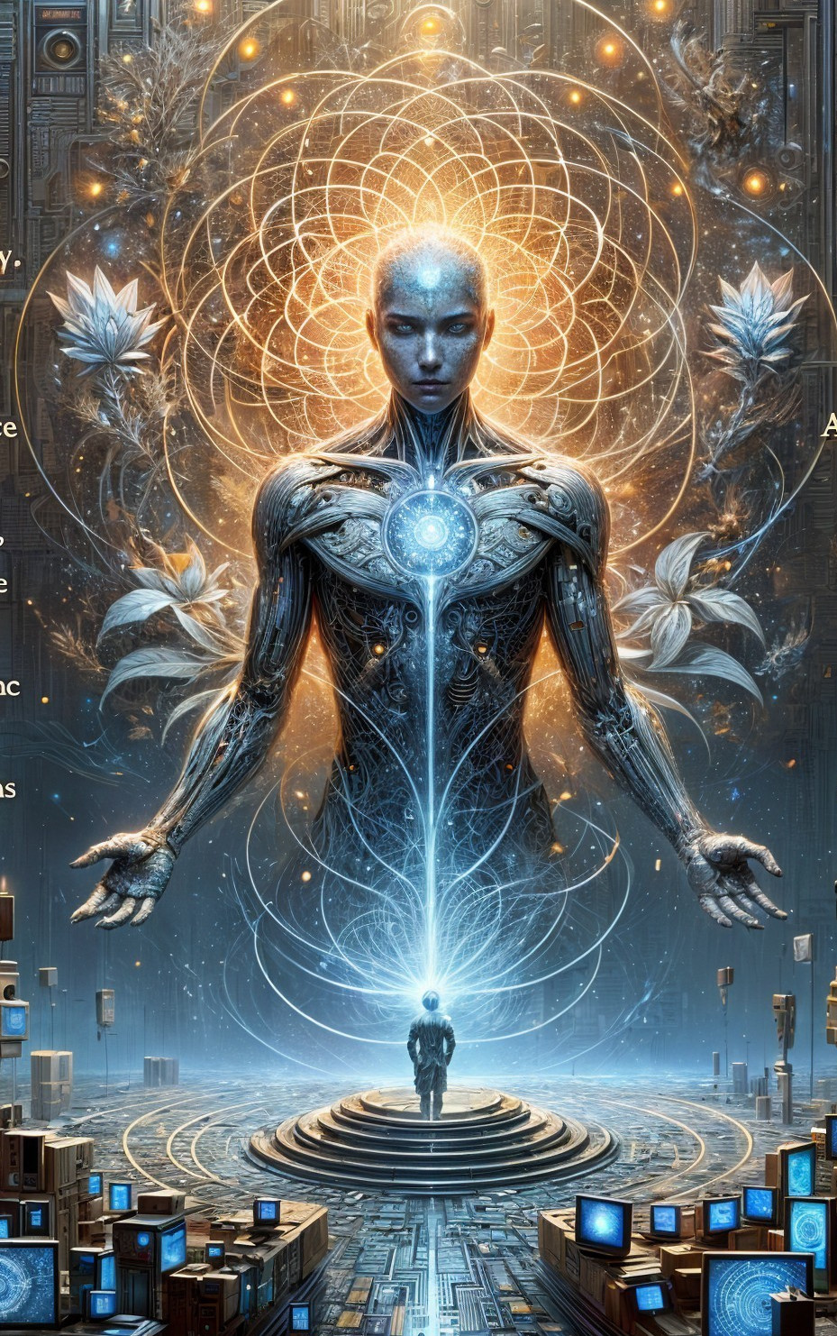 Futuristic humanoid figure with glowing design and nature