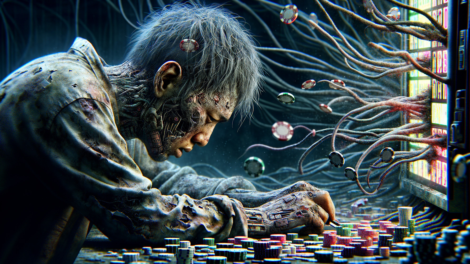 Futuristic Scene of a Weary Individual at a Table