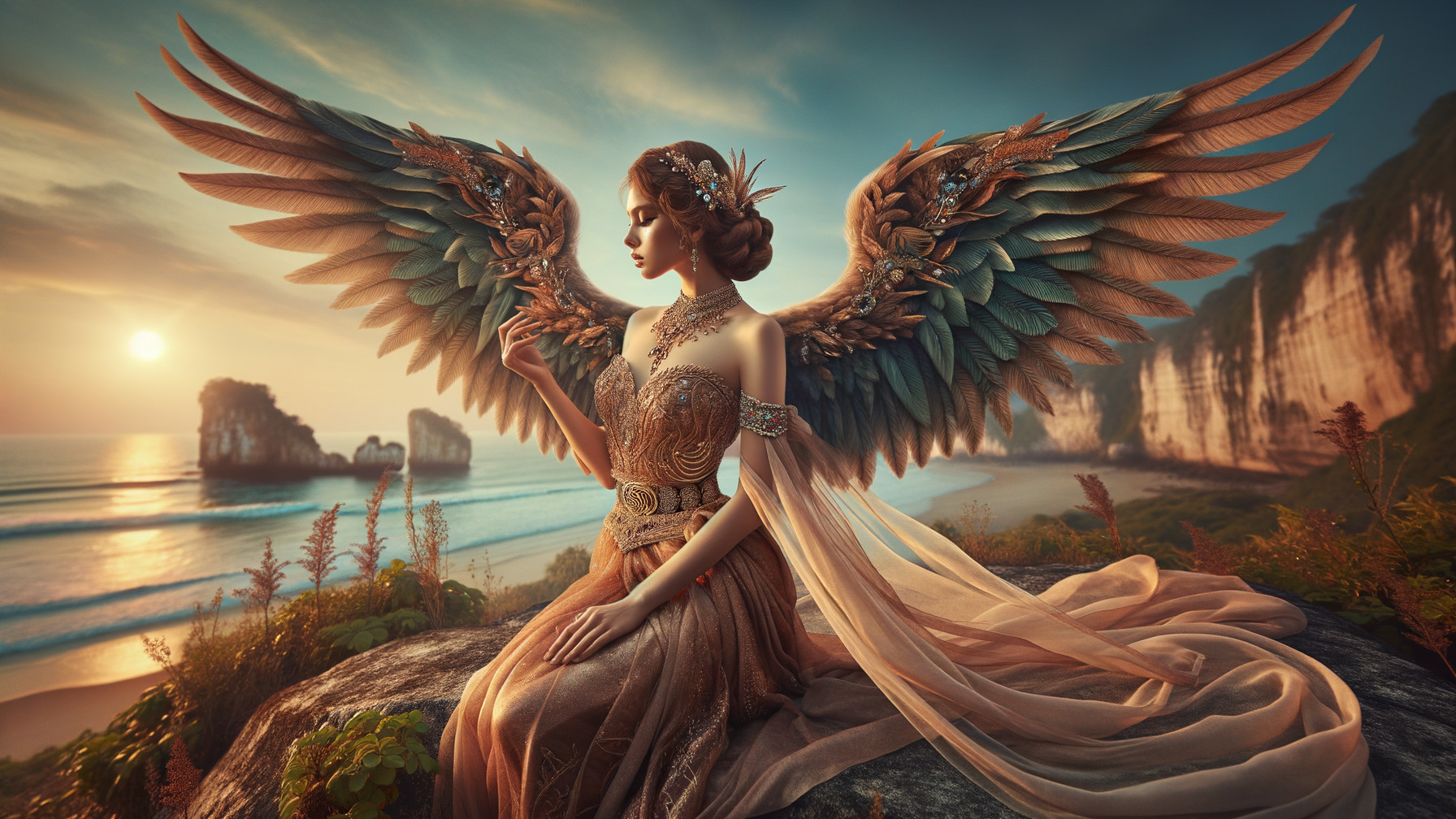 Majestic figure with feathered wings at sunset beach