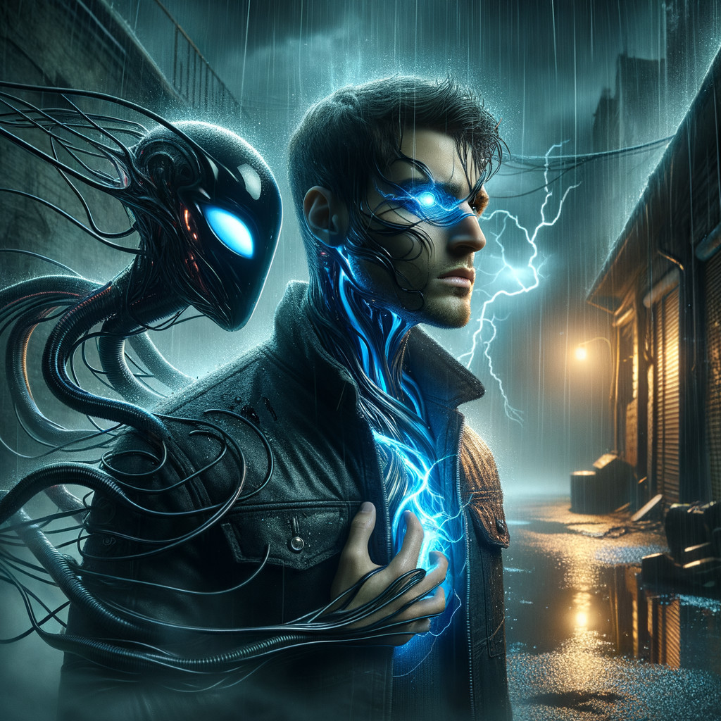 Futuristic Figure in Dark Alley with Glowing Eye