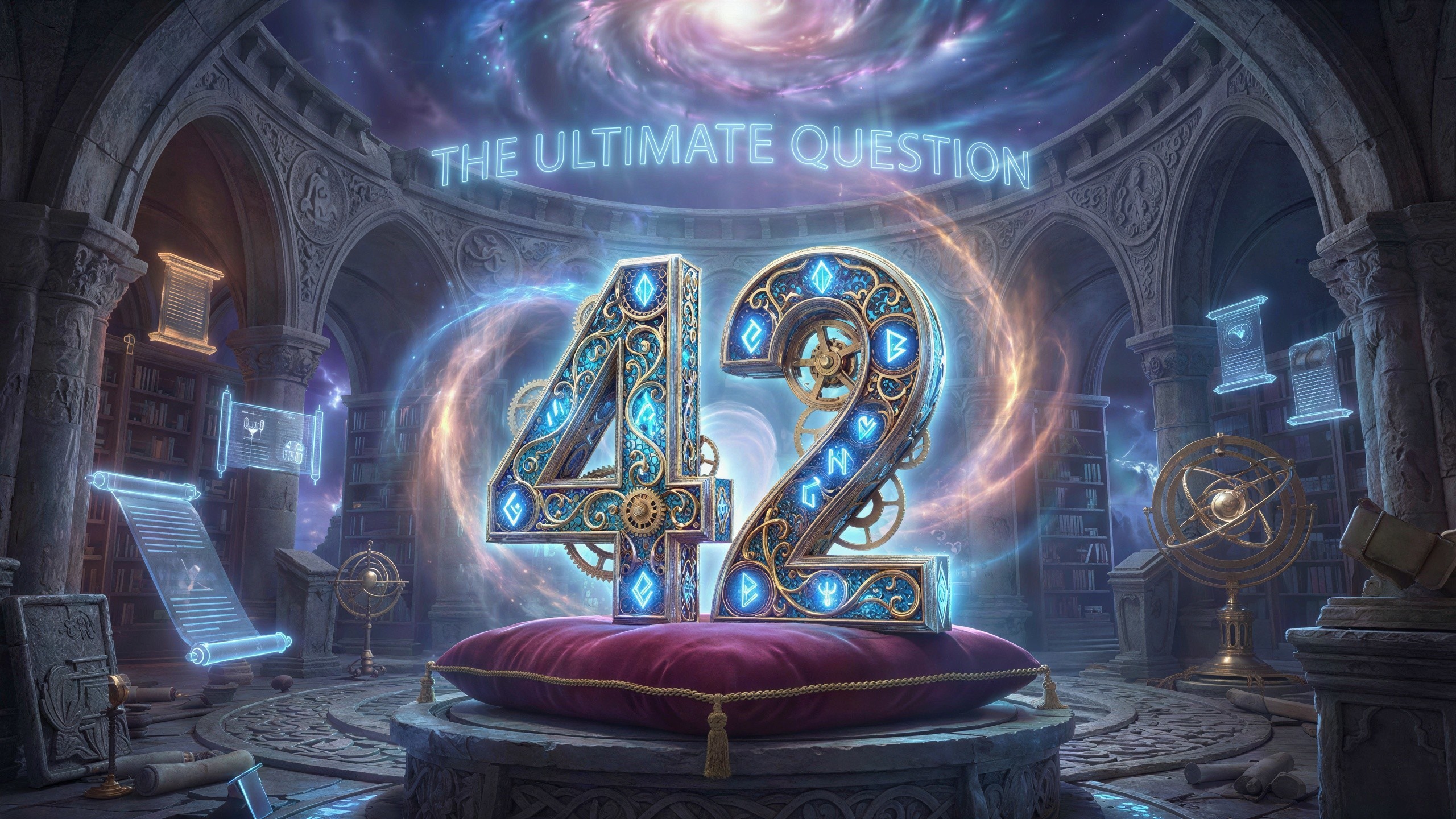 Fantasy Library with Floating Number 42 and Runic Symbols